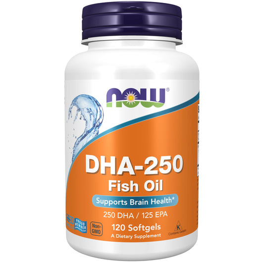 NOW Foods DHA-250 with 125 EPA softgels bottle – hero image