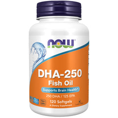 NOW Foods DHA-250 with 125 EPA softgels bottle – hero image