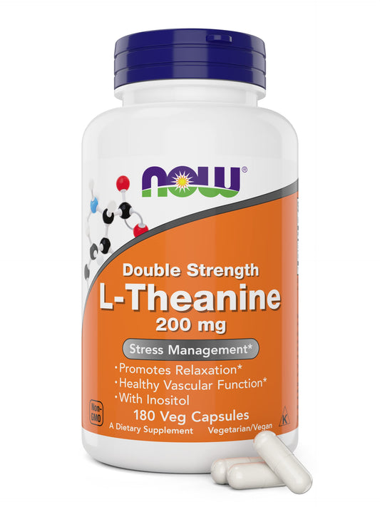 NOW Foods L-Theanine 200 mg vegan capsules - front label