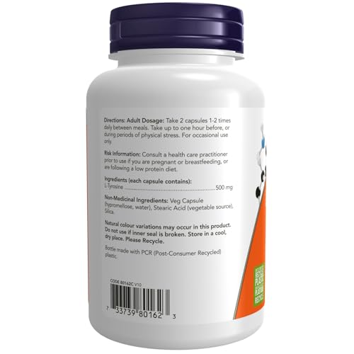 NOW Foods L-Tyrosine 500 mg bottle back label with supplement facts