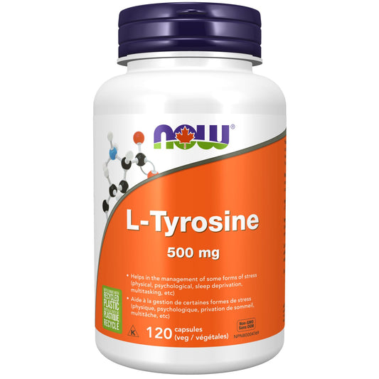 NOW Foods L-Tyrosine 500 mg bottle and capsules front view