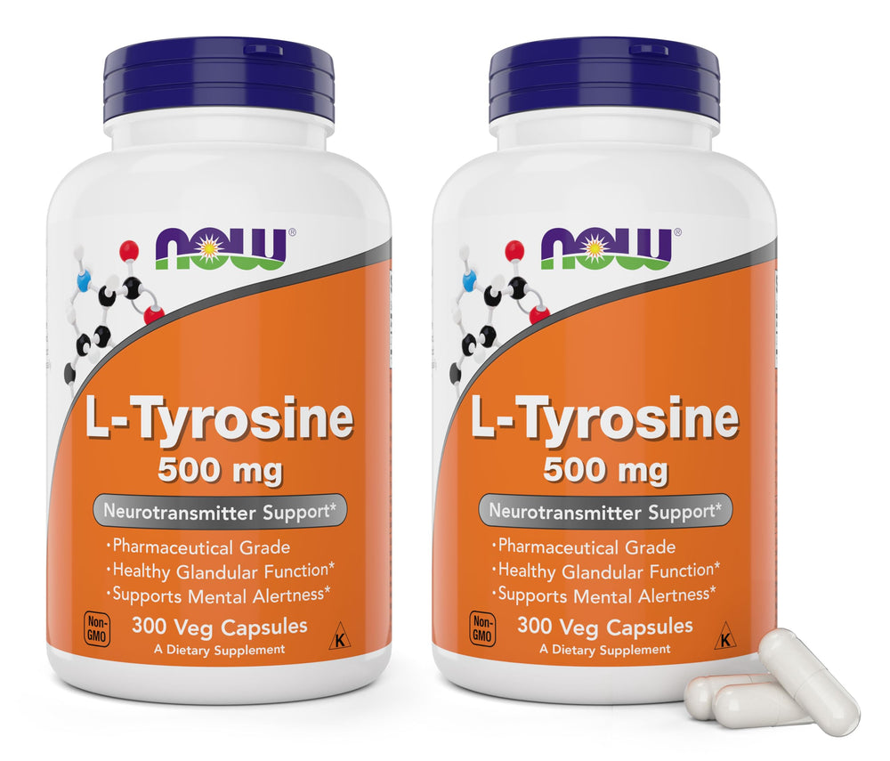 NOW Foods L-Tyrosine 500mg bottle with 300 capsules — Pack of 2