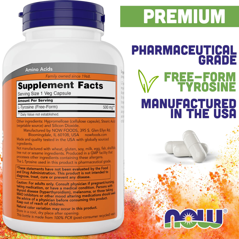 Close-up image of NOW Foods L-Tyrosine 500mg bottle label