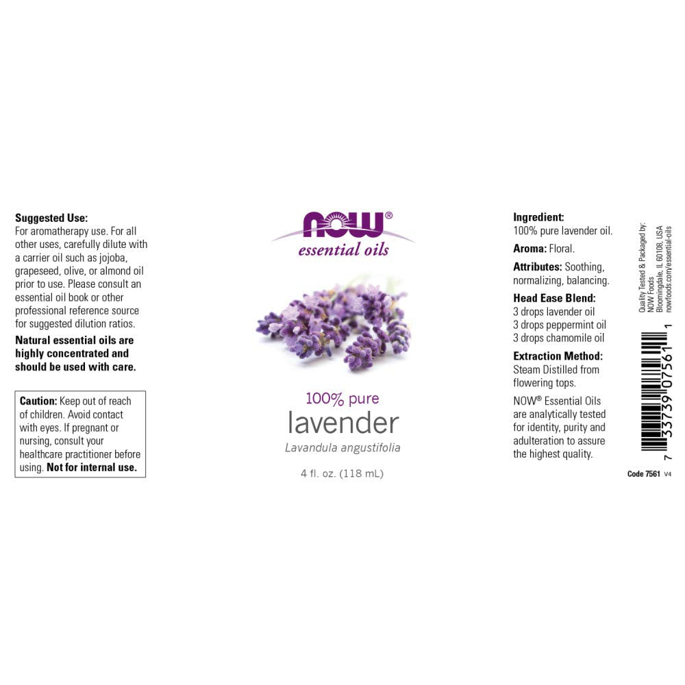 Close-up of NOW Foods Lavender Oil bottle – 4 oz
