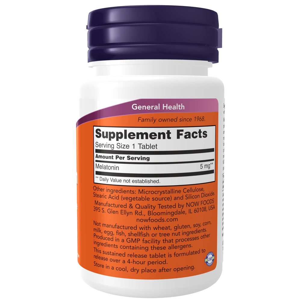 Close-up of NOW Foods Melatonin 5 mg Sustained Release tablets