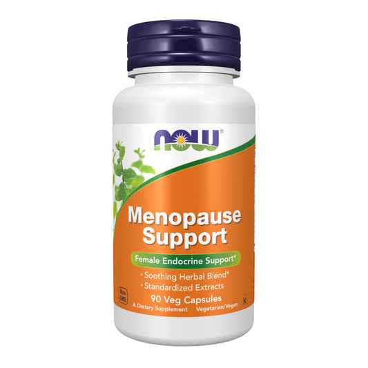 NOW Foods Menopause Support bottle showing capsules for menopausal comfort possibilities.