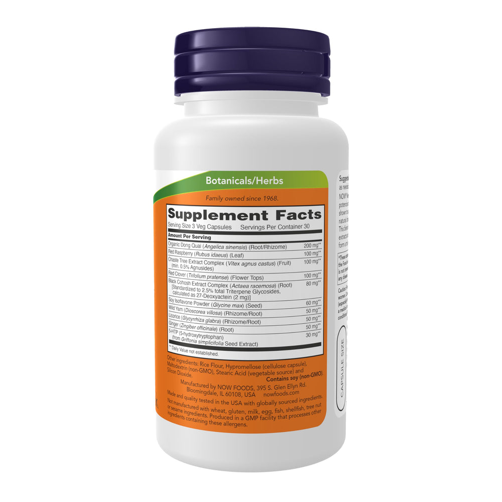 NOW Foods Menopause Support label highlights standardized extracts for balanced support.