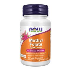 NOW Foods Methyl Folate 5000 mcg bottle with 50 vegetarian capsules - front view