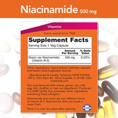 NOW Foods Niacinamide 500mg Vitamin B-3 capsules - back panel