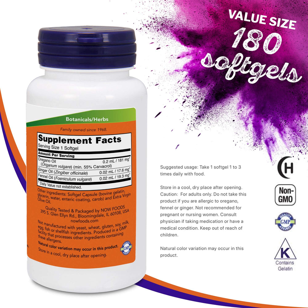Kosher certification logo on Now Foods Oregano Oil label