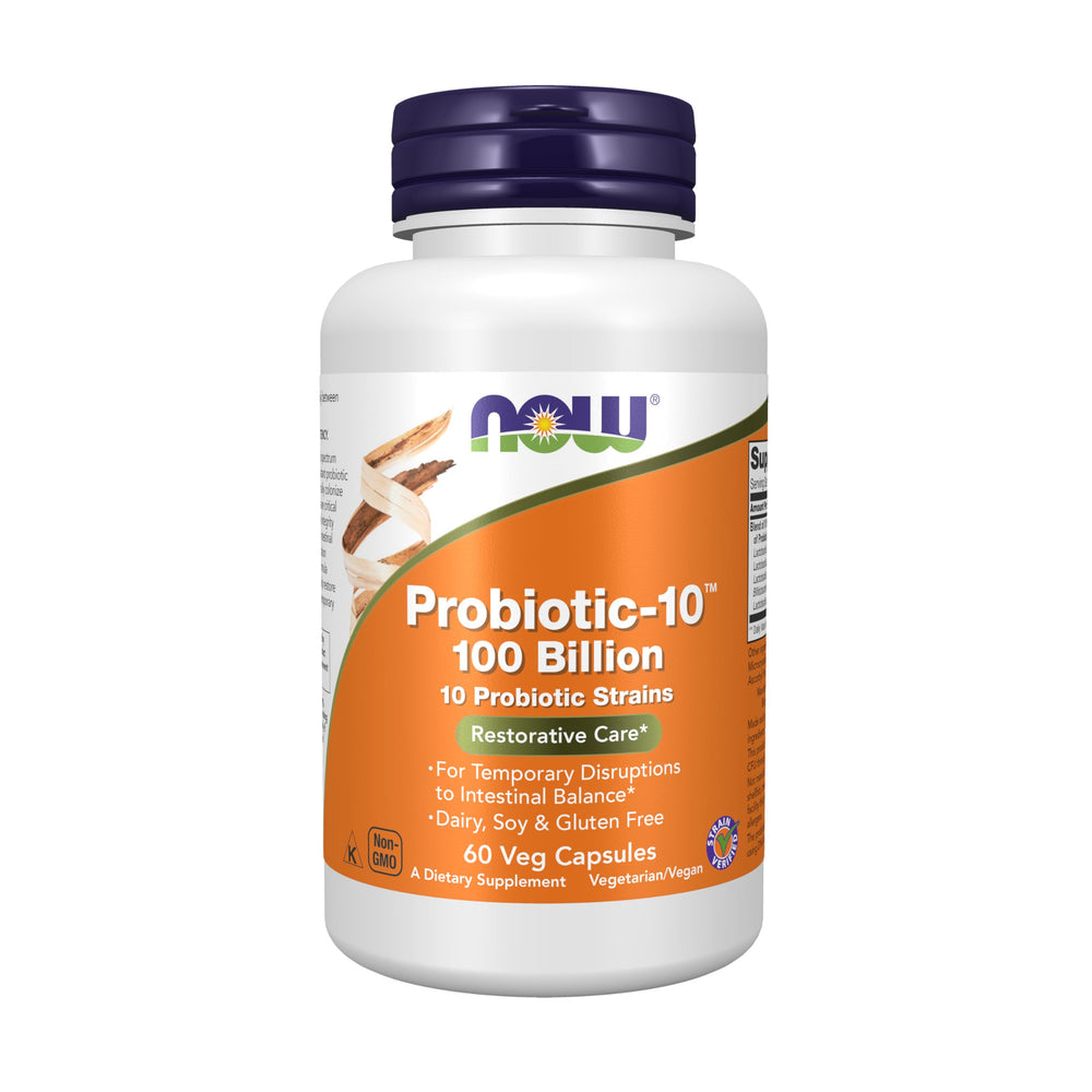 NOW Foods Probiotic-10 capsule delivers 100 billion CFU to support digestive balance.