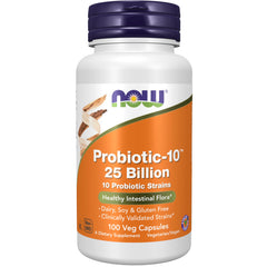 NOW Foods Probiotic-10 bottle label with 25 Billion CFU and 10 strains