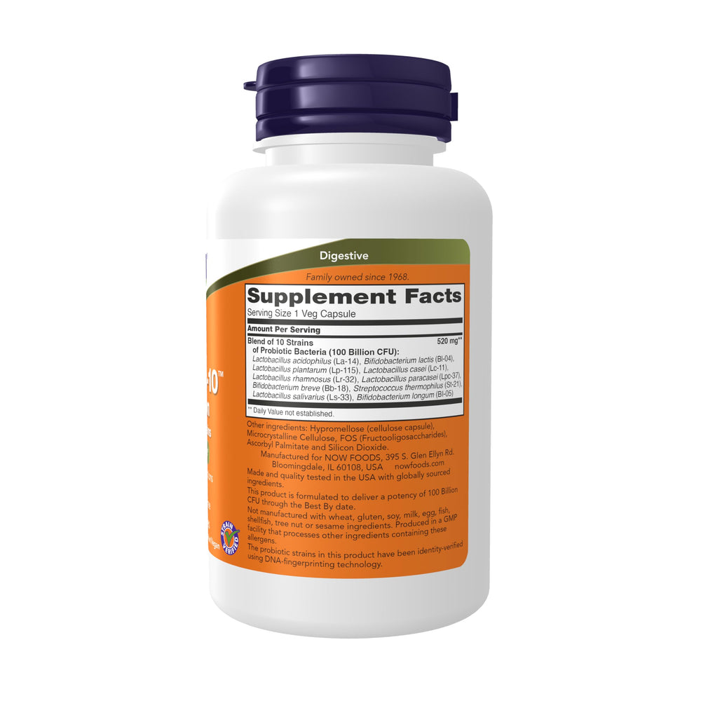 NOW Foods Probiotic-10 bottle side view highlights vegan capsule packaging for daily use.