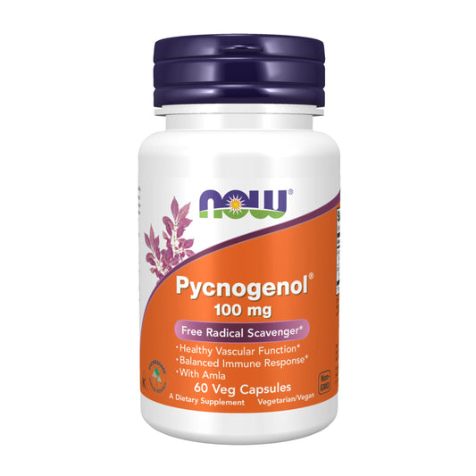 NOW Foods Pycnogenol 100 mg with Amla bottle and label highlighting vascular health