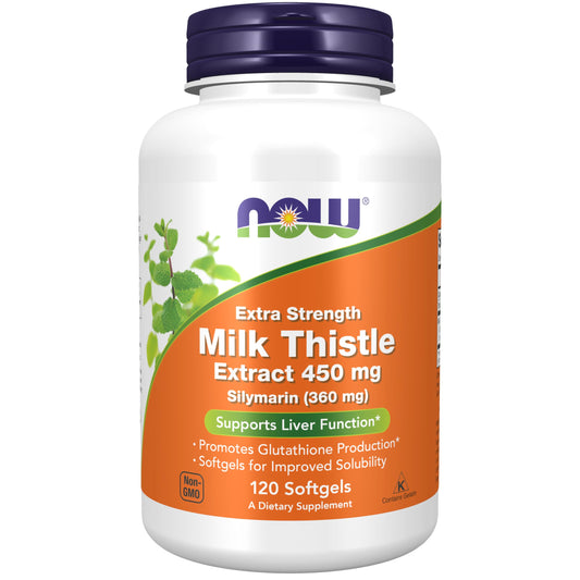 NOW Foods Silymarin Milk Thistle Extract bottle label with 450 mg softgels