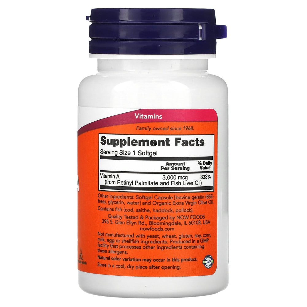 Now Foods Vitamin A 10,000 IU softgels packaging and bottle