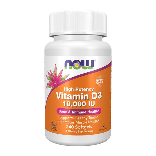 NOW Foods Vitamin D-3 10,000 IU softgels bottle (hero image)