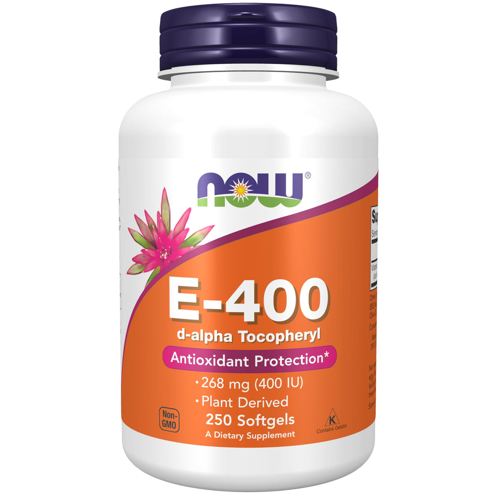 NOW Foods Vitamin E-400 IU D-Alpha Tocopheryl softgels bottle – front