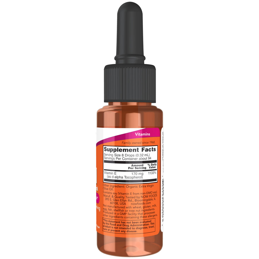 Close-up of NOW Foods Vitamin E-Oil liquid bottle