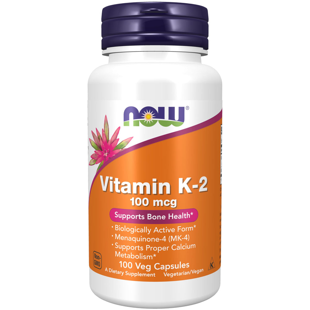 NOW Foods Vitamin K-2 MK-4 bottle label with 100 mcg per capsule