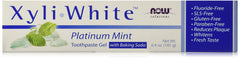 Now Foods XyliWhite Platinum Mint toothpaste packaging with baking soda, 6.4 oz tubes, pack of 4