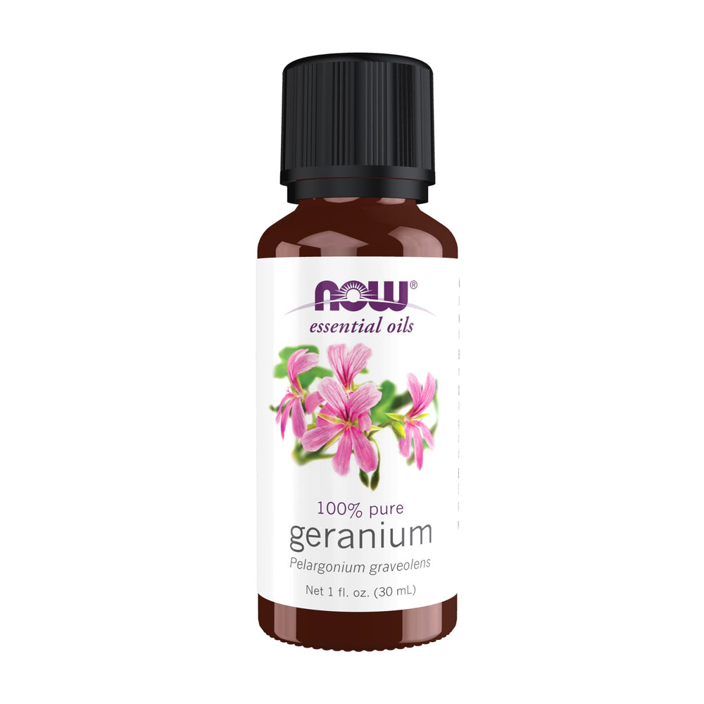 NOW Geranium Essential Oil bottle front view - 1 oz