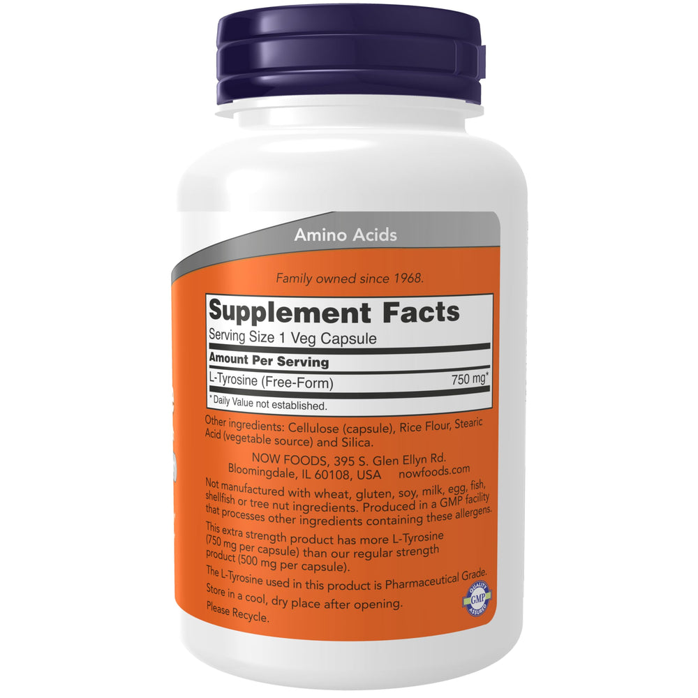 Close-up of NOW L-Tyrosine 750 mg ingredients/label