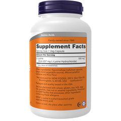 Close-up of NOW L-lysine 500 mg capsules