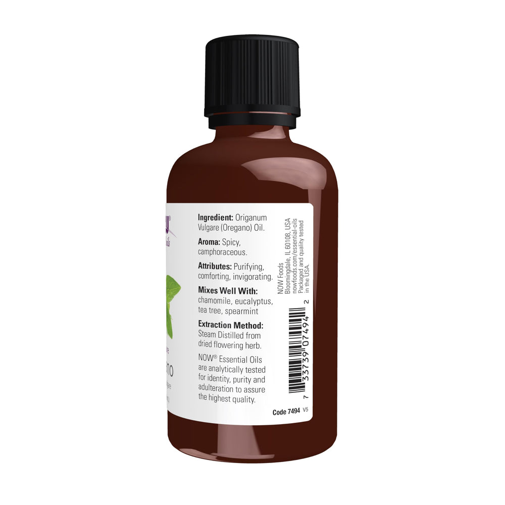 Close-up of NOW Oregano Oil bottle label