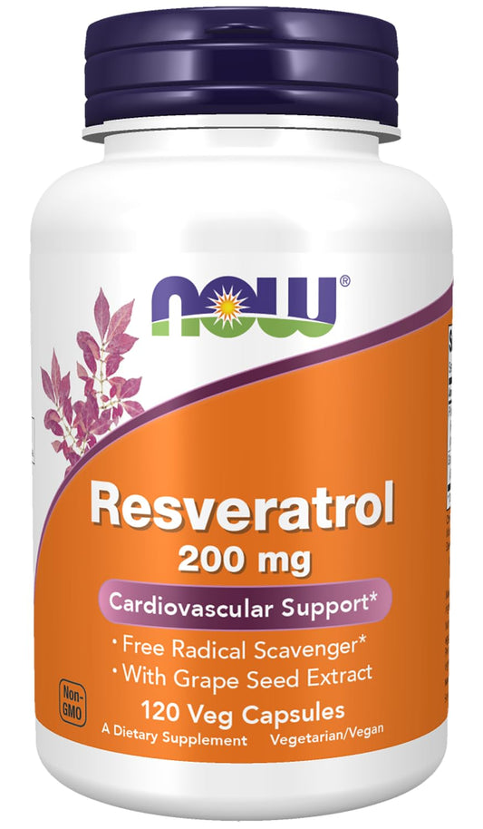 NOW Resveratrol 200 mg label with red wine extract