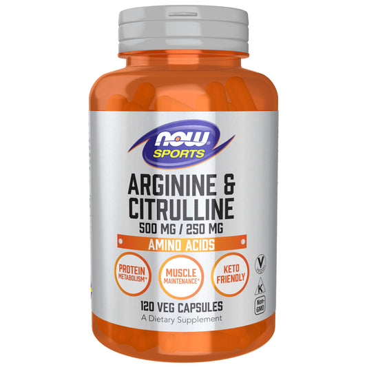 NOW Sports Arginine & Citrulline bottle label with 120 vegan capsules