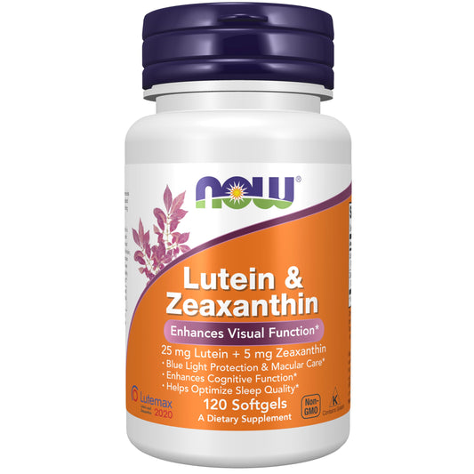 NOW Supplements Lutein & Zeaxanthin bottle with 120 softgels