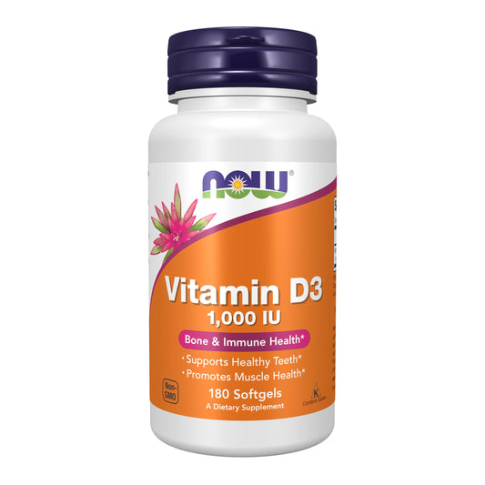 NOW Supplements Vitamin D-3 1,000 IU softgels bottle front