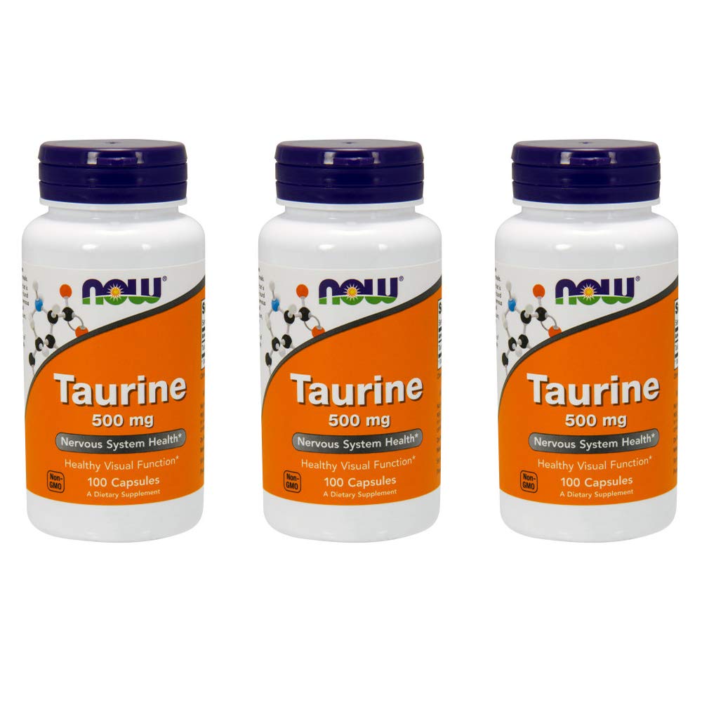 NOW Taurine 500mg bottle, 100 capsules per bottle, 3-pack