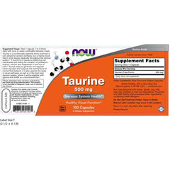 Close-up of NOW Taurine 500mg capsules in a 3-pack bottle