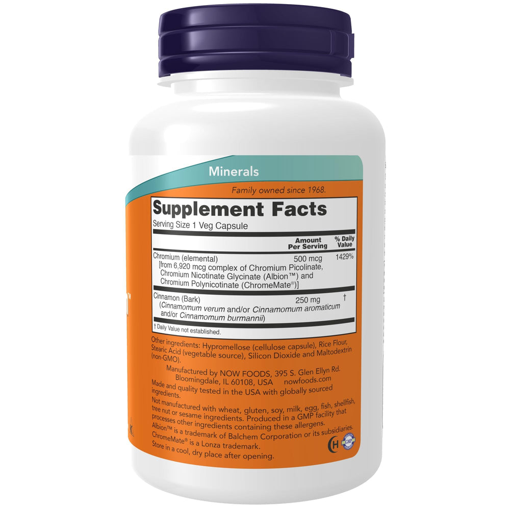 NOW Tri-Chromium 500 mcg Cinnamon bottle back with dosage directions
