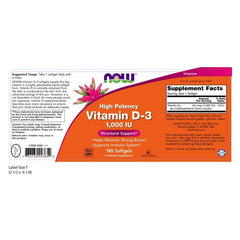 Now VIT D-3 1000Iu bottle back view with supplement facts