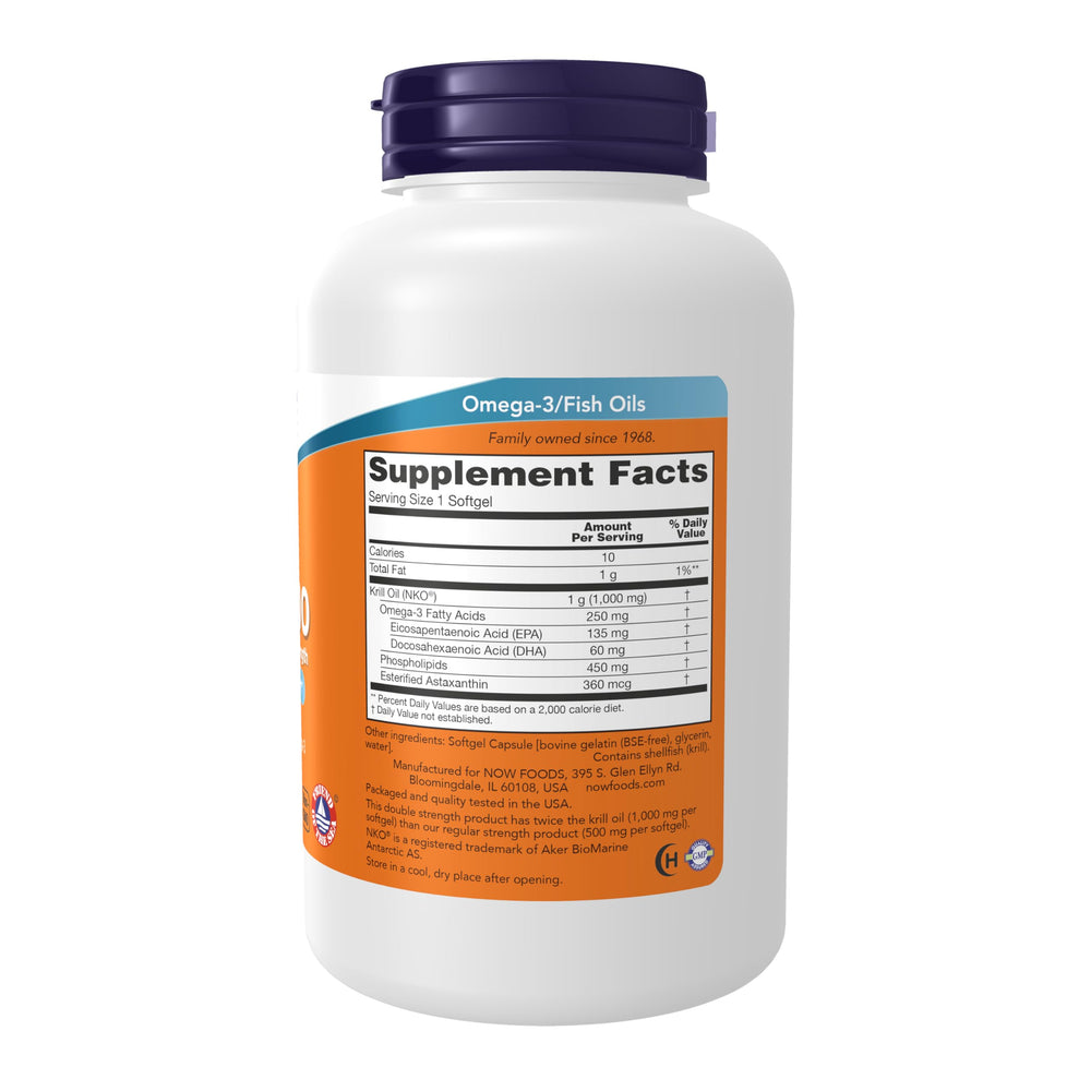 NOW Foods Neptune Krill Double Strength label closeup shows astaxanthin-rich phospholipid-bound omega-3