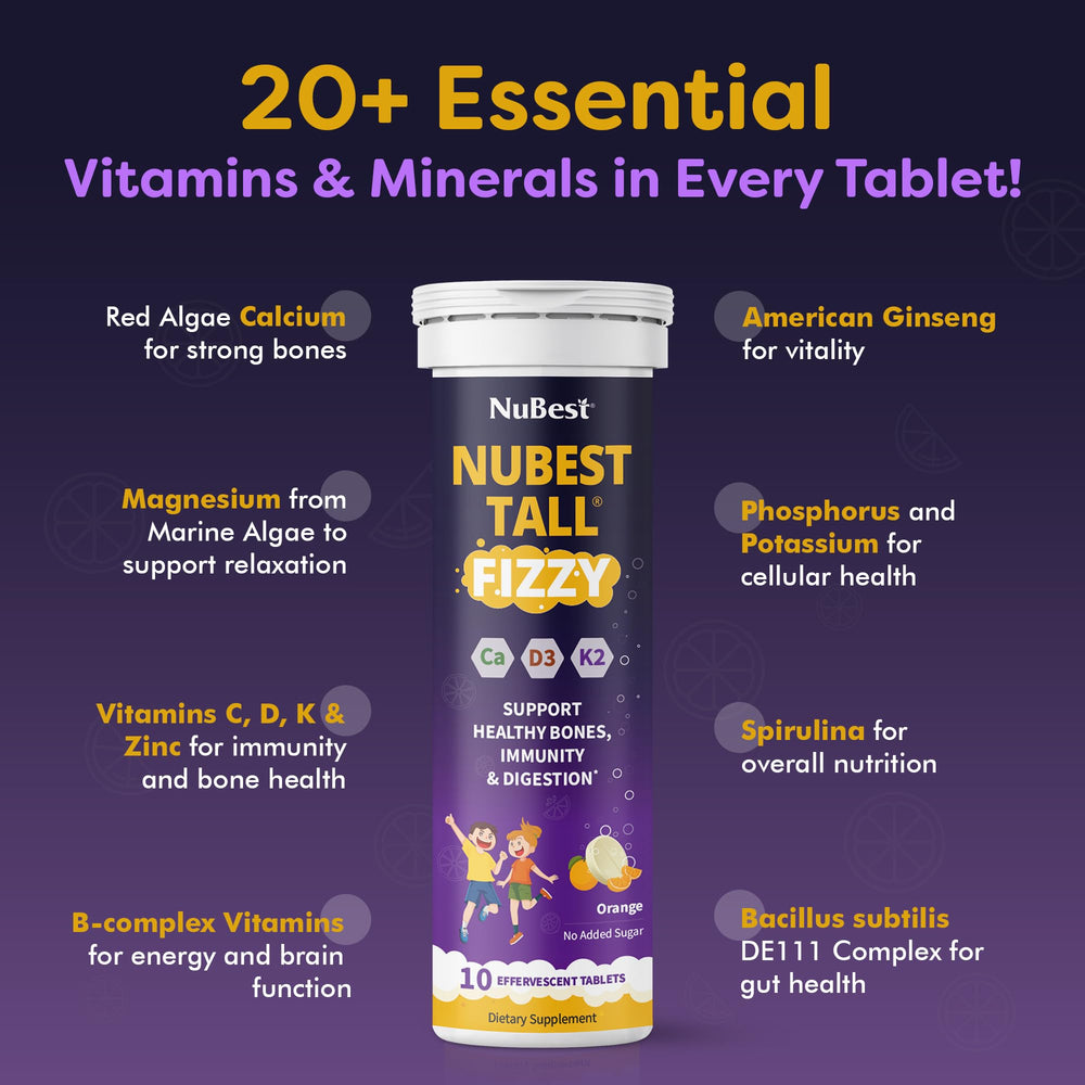 Nutrition facts and ingredients label for NuBest Tall Fizzy