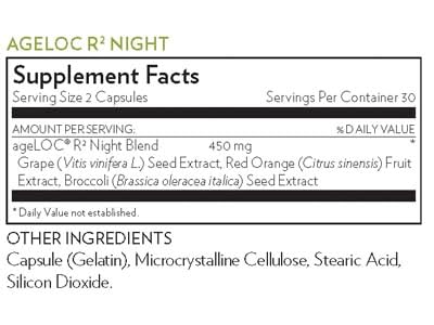Illustration of broccoli seed extract and key ingredients in ageLOC R2 Night Blend