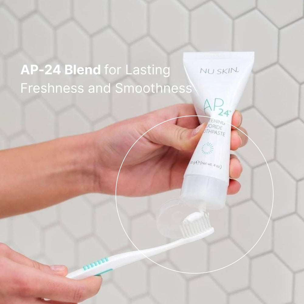 Smiling person with brighter teeth after using AP 24 toothpaste