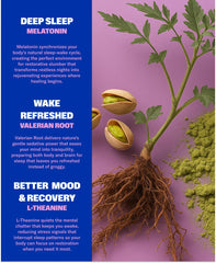 Ingredients panel: Melatonin 5mg, Valerian Root, L-Theanine, Vitamin B6