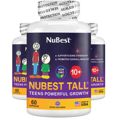 NuBest Tall 10+ bottle front view showing kid-friendly packaging for growth support.
