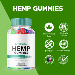 Nufarm Hemp Gummies bottle and label showing 1500mg per bottle