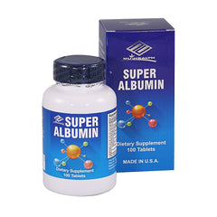 Close-up of NuHealth Super Albumin bottle and tablets