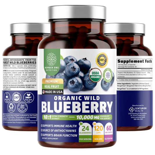 Front view of Number One Nutrition USDA Organic Wild Blueberry Extract bottle