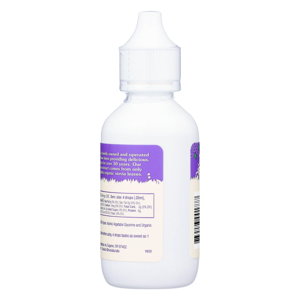 Label showing ingredients: natural stevia extract, 20% grain alcohol, glycerin