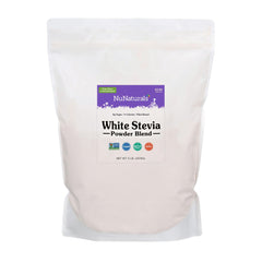 NuNaturals White Stevia Powder bottle, zero-calorie sweetener for tea and coffee