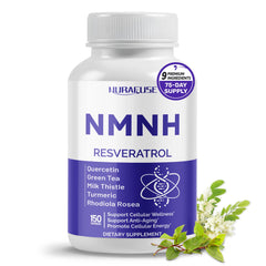 Front view of NuraFuse NMNH bottle with Resveratrol and Quercetin label