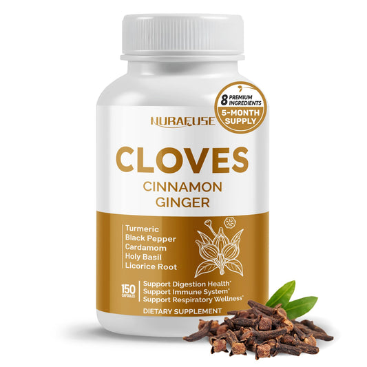 Front view of NURAFUSE Cloves Cinnamon Ginger bottle